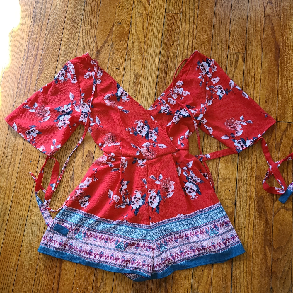 Trixxi Red Floral Romper with Blue Accents